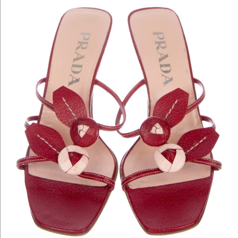 Prada Red Leather Sandals Flowers Embellishments